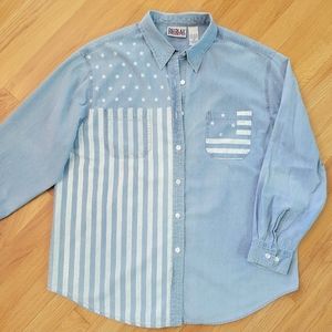 🇺🇸 VTG Bill Blass Jeans American Flag Chambray Denim Button Up Shirt Sz XL